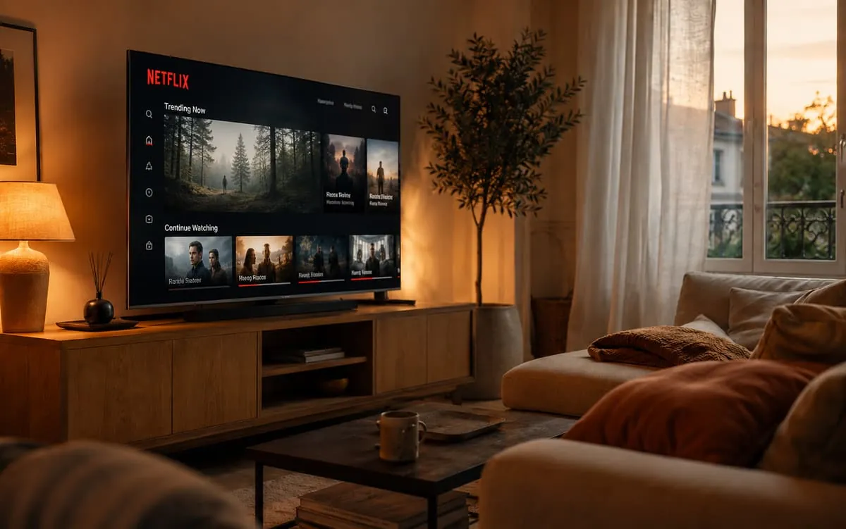 Le salon, un soir de semaine Abonnement IPTV 12 mois affiché sur le téléviseur d’un salon en début de soirée, buffet en chêne et canapé en lin