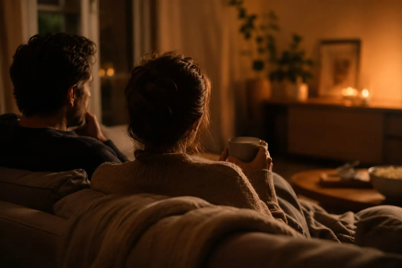 Une soirée devant la télévision Deux personnes sur un canapé regardant la télévision le soir avec leur abonnement IPTV 12 mois